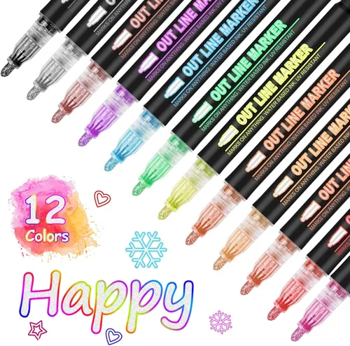 Marcador de contorno autodelineado metálico, 12 colores Squiggles Shimmer Outline marcadores para dibujar suministros escolares de arte, juego de