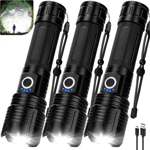 Paquete de 3 linternas recargables de alto lúmenes, 99,000 lúmenes, linterna LED súper brillante, potente luz de flash con 5 modos, linternas para