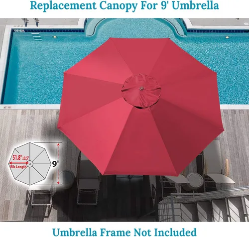 Miniatura 8 de Toldo de repuesto para sombrilla de 9 pies y 8 costillas para patio, color borgoña