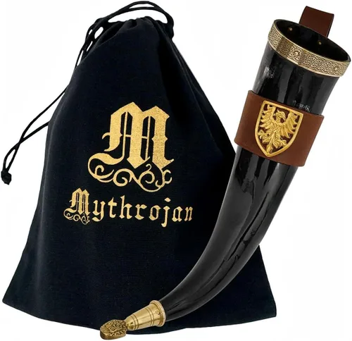 Miniatura 21 de Mythrojan Cuerno vikingo para beber 100% natural, auténtico, decoración de latón, cuerno nórdico con funda de cuero negro, bolsa de lona para vino