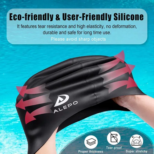 Miniatura 4 de Alepo Gorro de natación extra grande para mujeres y hombres, sombrero de natación de silicona duradera con protección para los oídos, unisex