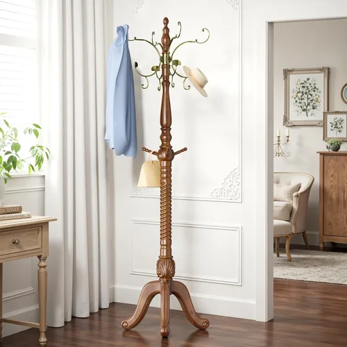 Miniatura 9 de Perchero independiente con 15 ganchos de metal, perchero de madera, árbol de abrigo resistente con base triangular resistente, carga de 200 libras