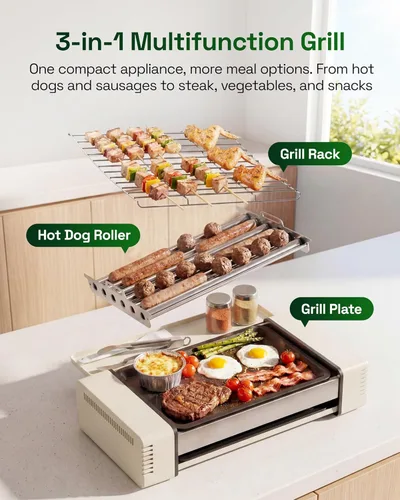 Miniatura 2 de HBN máquina de parrilla rodante para hot dogs 3 en 1 con placa antiadherente y parrilla, parrilla eléctrica compacta de 800W para salchichas