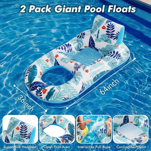 Miniatura 6 de Paquete de 2 flotadores inflables de alta resistencia para piscina, flotadores gigantes de piscina tamaño adulto con respaldo y reposapiés, balsas