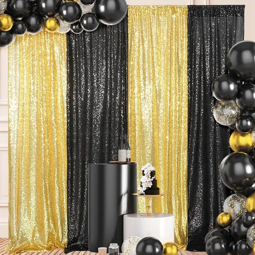 4 paneles de cortina de lentejuelas negras y doradas de 2 x 8 pies, cortinas de fondo de lentejuelas con purpurina para decoración de fiesta de