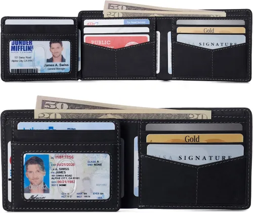 Miniatura 16 de Alpine Swiss RFID - Cartera de piel con 2 compartimentos para documentos de identidad, con ventana dividida, sección para billetes, en caja de regalo