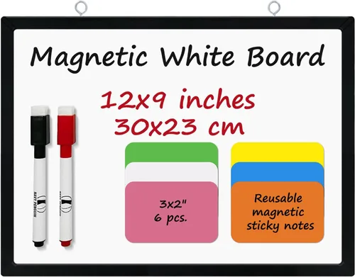 Mini kit de pizarra blanca – Pizarra blanca de 9 x 12 pulgadas con 2 marcadores de borrado en seco y 6 notas magnéticas – Pequeño tablero de doble