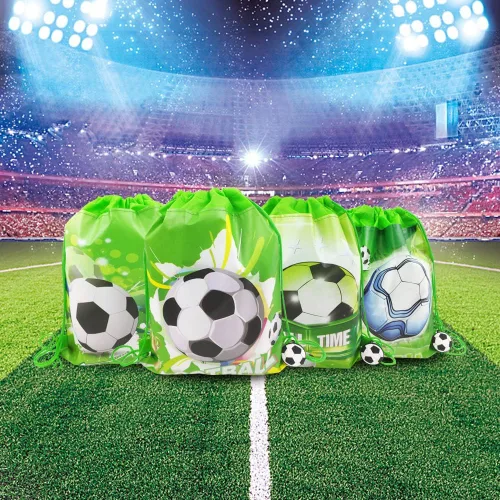 Miniatura 2 de Paquete de 12 bolsas de regalos de fiesta de cumpleaños con cordón de fútbol, bolsa de suministros de fiesta temática deportiva, paquete de regalo