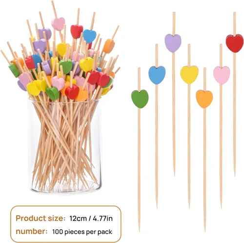 Miniatura 2 de JtmyAota 100 unidades de palillos de dientes de bambú con forma de corazón, púas de cóctel de bambú naturales para aperitivos, pastel de frutas, Rosa