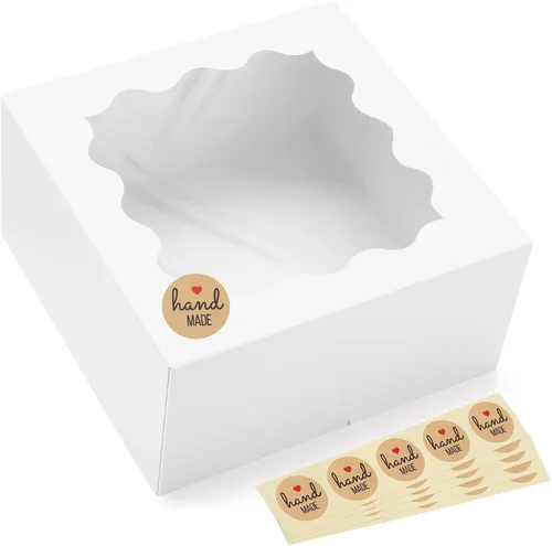 Eupako Cajas para tartas autoemergentes de 10 x 10 x 5 pulgadas con ventana, 24 cajas de panadería blancas de plegado rápido, caja de regalo fácil