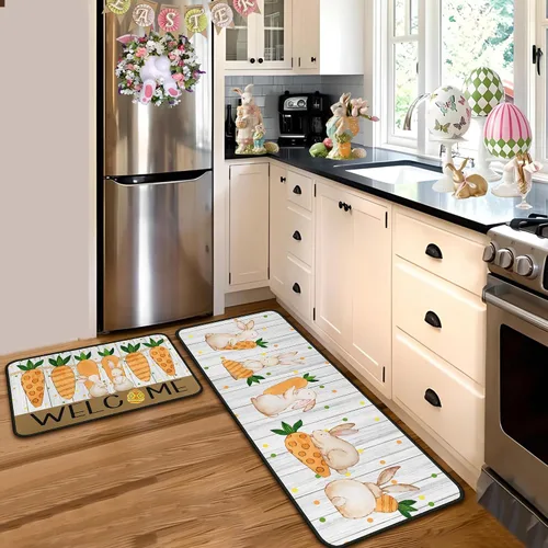 Miniatura 3 de Juego de 2 alfombras y tapetes de cocina de conejo de zanahoria y conejo, decoración de Pascua antideslizante, decoración de Pascua para el hogar