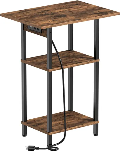 Miniatura 10 de Asgolion - Mesa auxiliar alta con estación de carga, mesita de noche delgada con puertos USB y tomas de corriente, mesa lateral estrecha de 3 Negro