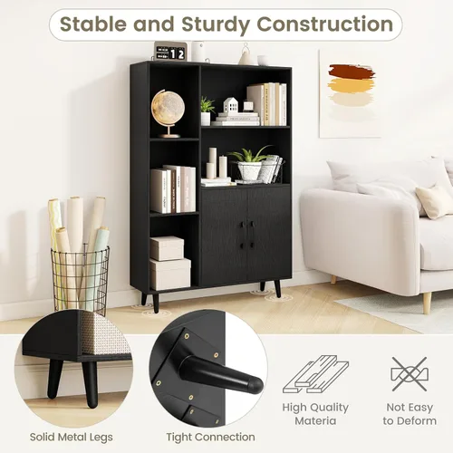 Miniatura 6 de Giantex Gabinete de almacenamiento de 47 pulgadas, estantería con 2 puertas, 5 estantes abiertos, patas de metal, kits antipuntas, gabinete de Negro
