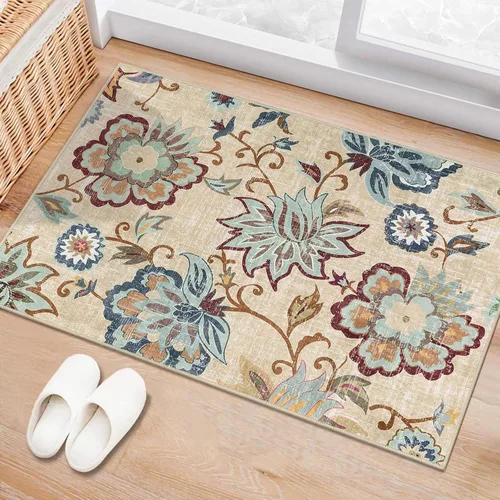Miniatura 67 de Beeiva Alfombras florales de entrada, lavables para interiores, ultra fina, de 2 x 3 pies, antideslizante, para cocina, tapete de cachemira suave