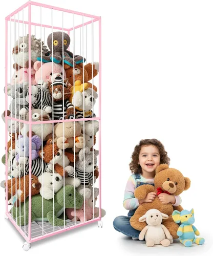 Miniatura 12 de Zoo de almacenamiento de animales de peluche con ruedas, 64 pulgadas de madera grande de animales de peluche organizador de juguetes para niños