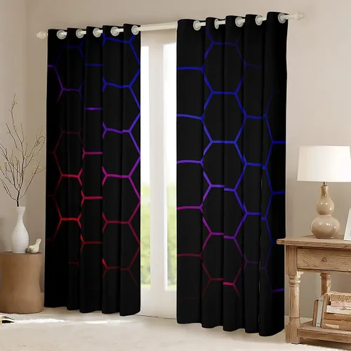 Miniatura 56 de Feelyou - Cortinas de ventana en forma de panal, tema geométrico hexagonal con luces de neón verdes, para chicos adolescentes y hombres, elegante