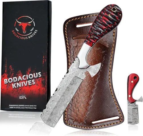 8" Cuchillo de corte de toro de Damasco hecho a mano con funda de cuero - Cuchillo de vaquero occidental para caza, despellejado, acampada y Rojo