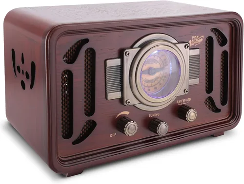 Pyle Altavoz de radio Bluetooth inalámbrico retro, sistema receptor de sonido de estilo clásico vintage con altavoces estéreo incorporados, USB,