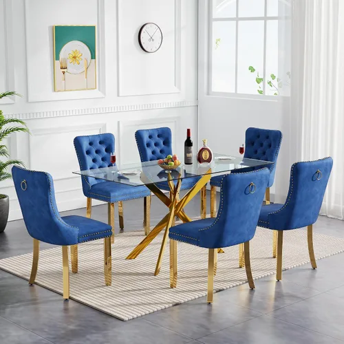 Miniatura 16 de Juego de mesa de comedor de cristal para cocina de 4, 5 piezas, mesa de comedor rectangular de 51 pulgadas con 4 sillas de cocina de terciopelo
