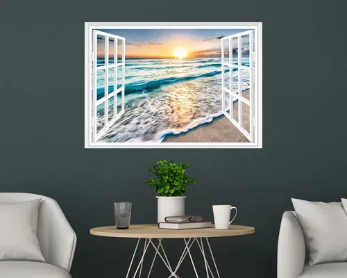 Miniatura 3 de FLFK Adhesivo de pared con ventana falsa - Mural de pared con ventana falsa de atardecer en la playa para decoración de pared, adhesivos de pared
