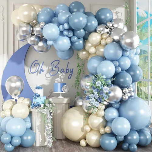 Kit de arco de globos azul polvoriento, 125 piezas: perla azul claro, arena, globos blancos, plata metálica para novia, baby shower, aniversario,