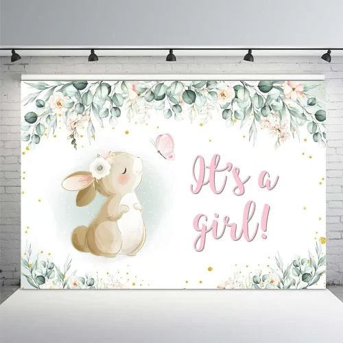 MEHOFOND Fondo para decoración de fiesta de baby shower, de 7 x 5 pies, pancarta de primavera de Pascua, rosa, floral, mariposa, conejo, hojas de