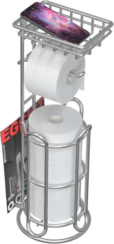 Miniatura 13 de Soporte de rollo de papel higiénico para baño, soporte de papel higiénico de pie con estante de almacenamiento central, reserva de mega E-plata