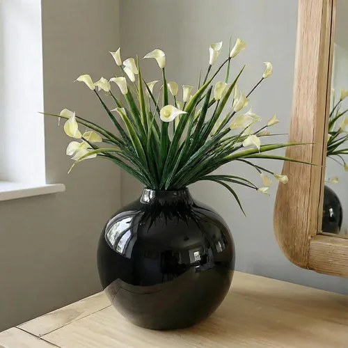 Willowy Jarrón grande de cerámica negra de 7.5 pulgadas con acabado brillante, jarrones negros para centros de mesa, jarrones para decoración del