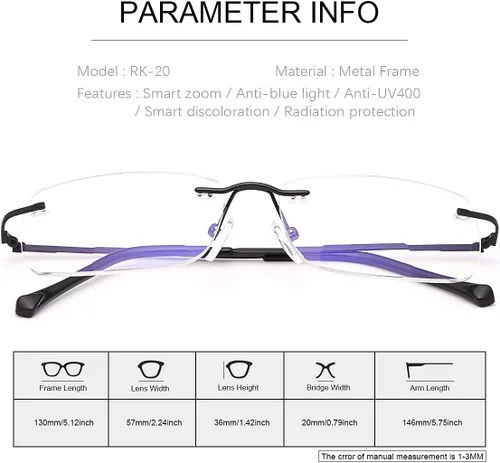 Miniatura 7 de K.LAVER Anteojos de lectura bifocales sin montura de transición, fotocromáticos, protección UV400, lentes de titanio para hombres