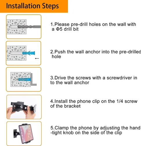 Miniatura 8 de iTODOS Soporte de pared para tableta, compatible con iPad de 7-12.9 pulgadas, Galaxy Tab S7/S8/S11/S10/iPhone/teléfono celular, 360 ajustables, clip