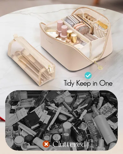 Miniatura 7 de Vlando Bolsa de maquillaje de viaje, neceser para mujer, piel sintética, abierta, plana, bolsa de maquillaje, Clásico elegante