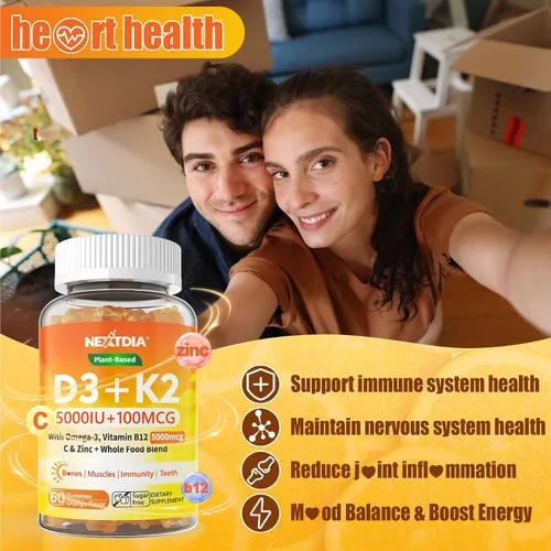 Miniatura 6 de Gomitas de vitamina D3 K2 5000IU / 10,000 UI con omega-3 250 mg+K2 (MK-7) 100 mcg -5 veces absorción que D3K2 estándar, con vitamina C, zinc y 5