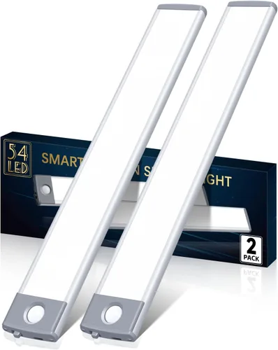 PRIORARE Luz de armario con sensor de movimiento, 54 LED, iluminación nocturna para debajo del gabinete, 2500 mAh, recargable, ultra delgada, Blanco