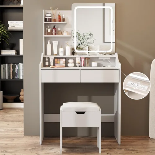 Halitaa Escritorio blanco con espejo LED, tocador de maquillaje con estación de carga, 2 cajones, 4 estantes, mesa de maquillaje y taburete de