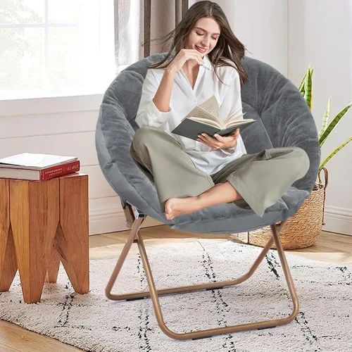 Miniatura 13 de Silla redonda y cómoda, con marco de metal, acogedora silla plegable de piel sintética para adultos, silla Papasan Moon plegable para dormitorio