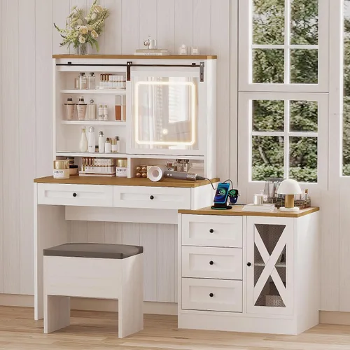 Miniatura 7 de ALBAD - Escritorio de tocador de granja de 56 pulgadas con espejo y luces, color blanco Rustic Makeup Vanity Table/Dresser, Charging Station Power