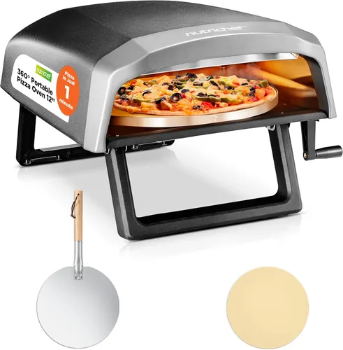 NutriChef Horno de pizza para exteriores con piedra giratoria de 360° | Cocina pizza de 12" en 60 segundos | Dial de control de calor ajustable,