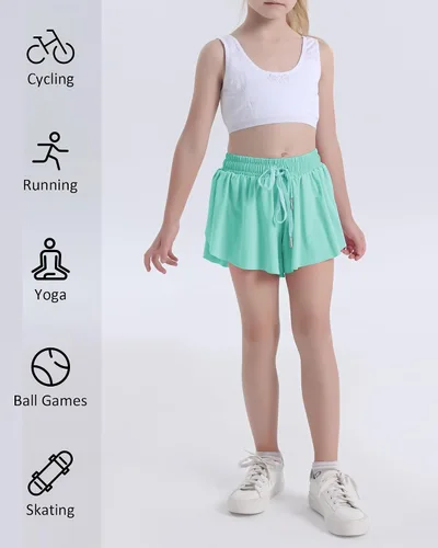 Miniatura 2 de HASMES Pantalones cortos de mariposa para niñas, pantalones cortos deportivos fluidos con bolsillos interiores para correr, bailar, animar, 5-14 años