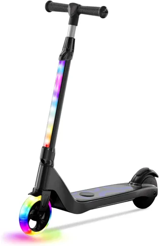 Patinete eléctrico para niños de 6 a 12 años, scooter plegable con altura ajustable, motor de 80 W, 6 MPH, luces LED coloridas, frenos duales,