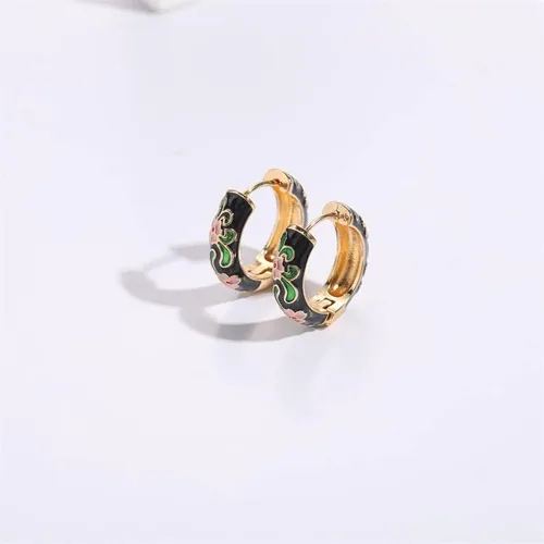 Miniatura 2 de Aretes de aro pequeños con diseño de flores esmaltadas vintage, estilo japonés, para mujer