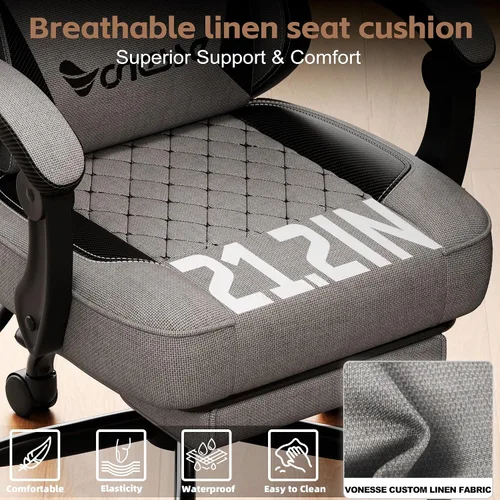 Miniatura 6 de Silla de juego Vonesse, silla de computadora de tela con cojín de resorte de bolsillo, silla de oficina con reposapiés y soporte lumbar de masaje