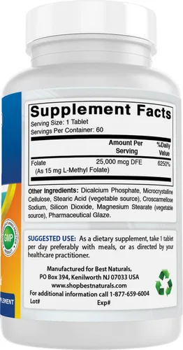 Miniatura 6 de Best Naturals Folato de metilo 15000 mcg (15 mg) (la mayoría biodisponible) 60 tabletas - Apoya la función de crecimiento de la formación celular