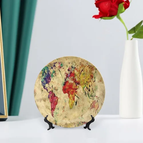 Miniatura 6 de Plato decorativo de 6 pulgadas, placa retro de vajilla con mapa del mundo en grunge, placa de exhibición decorativa para mesa de comedor, decoración