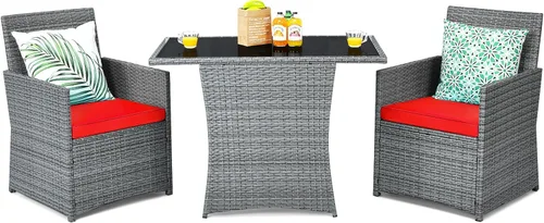 Tangkula Patiojoy - Juego de comedor de 3 piezas de ratán PE que ahorra espacio, con mesa superior de vidrio templado y sillas acolchadas, juego de