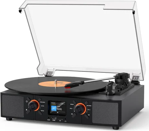 Reproductor de discos de vinilo con altavoces integrados, tocadiscos Bluetooth de 3 velocidades con transmisión por correa con pantalla LCD,