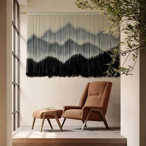 IOWER Macramé para colgar en la pared, decoración de pared de macramé teñido por inmersión de montaña, arte de fibra grande, moderno, bohemio, Negro