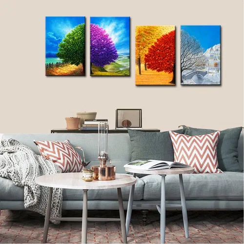 Miniatura 2 de Wieco Art Lienzo decorativo de 4 paneles para pared, diseño de árbol de cuatro estaciones, coloridas impresiones de paisaje de primavera, verano