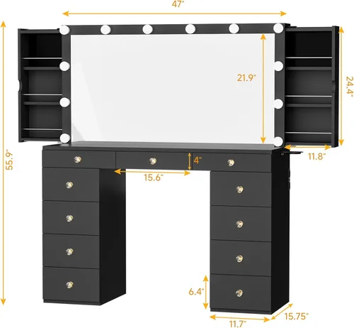 Miniatura 6 de Likein Escritorio de tocador con espejo y luces, tocador negro con gabinete de almacenamiento de joyas oculto, estación de carga, 11 cajones