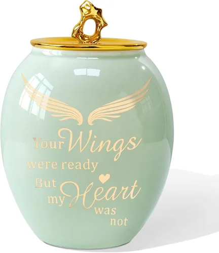 Urna de cremación mediana verde para cenizas humanas adulto macho hembra | Angel Ceramic Urn for Ashes Men Women Dad Mom,Memorial Urn with Velvet