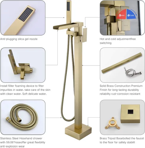 Miniatura 5 de Taplong Grifo de bañera independiente de oro cepillado con relleno de bañera de pie en cascada de alto flujo con ducha de mano-51001ZBGG